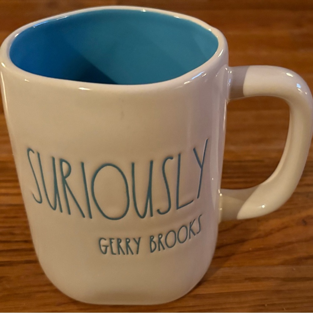 Rae Dunn “SURIOUSLY GERRY BROOKS” blue writing Coffee Mug by Magenta, EUC
